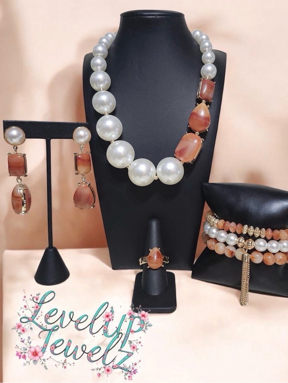Peach & Pearl Statement Necklace Set